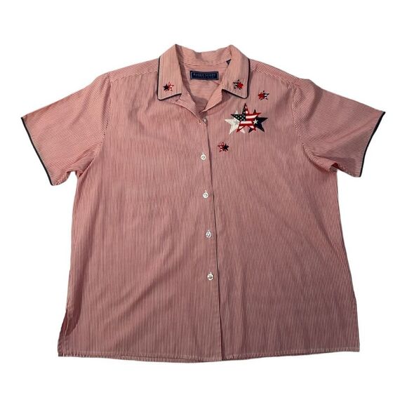 Karen Scott Shirt Womens Red White Blue Striped Stars Embroidered July 4 Size XL - Picture 7 of 14